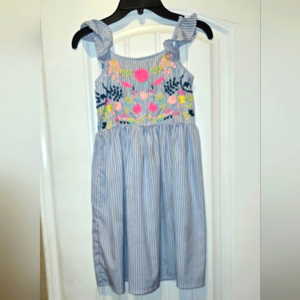 Striped Blue and Pink Floral Kids Dress
